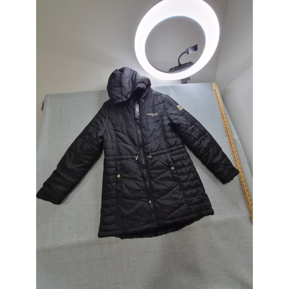 Bebe Sports Puffer Jacket Women Black Faux Fur Lined Hooded Warm Winter Full Zip